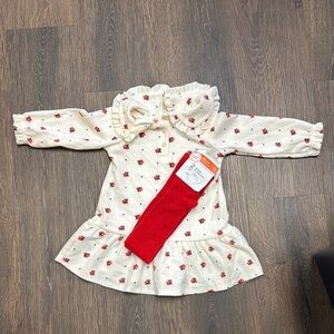 Cream Floral Baby Dress with Red Tights
